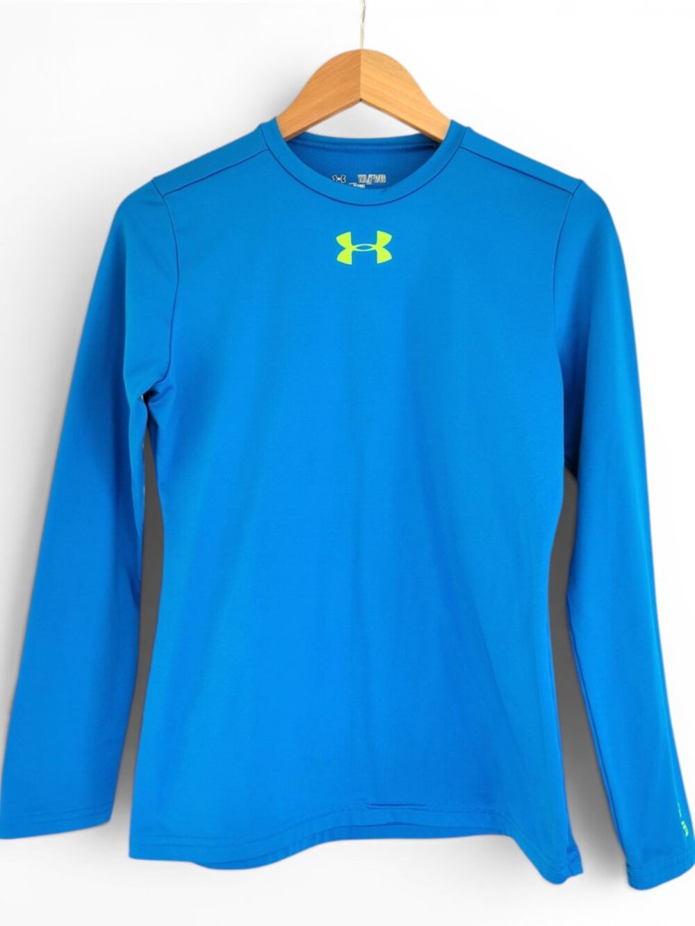 Under Armour Youth XL Fitted Cold Gear Long Sleeve Blue with Green Logo